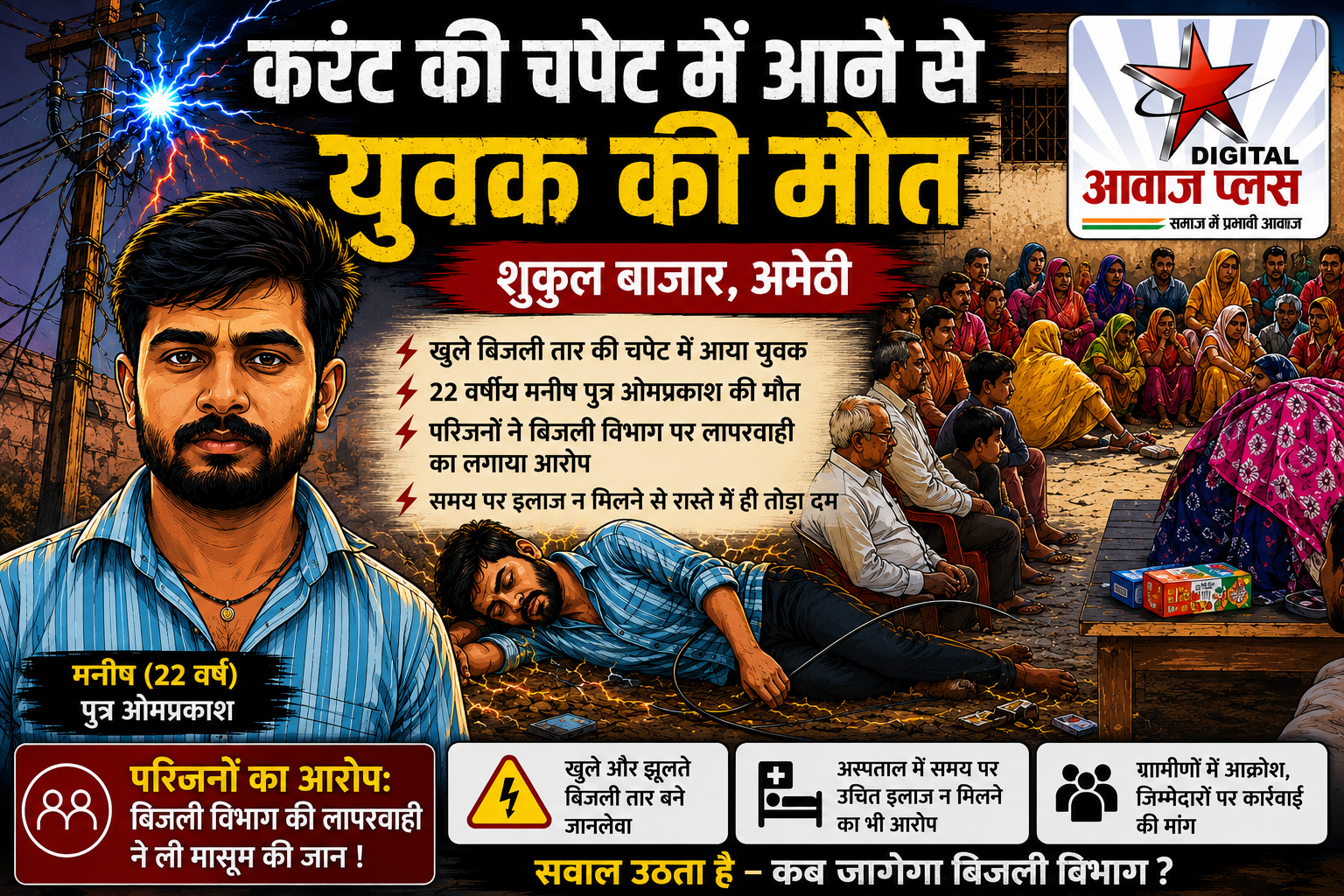 अमेठी:खुले बिजली तार की चपेट में आने से 22 वर्षीय युवक की मौत,:परिजनों ने बिजली विभाग पर लापरवाही का लगाया आरोप