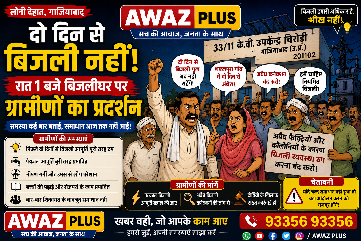 लोनी देहात में दो दिन से बिजली गुल: रात 1 बजे बिजलीघर पर ग्रामीणों का प्रदर्शन, अवैध कनेक्शनों पर उठाए सवाल