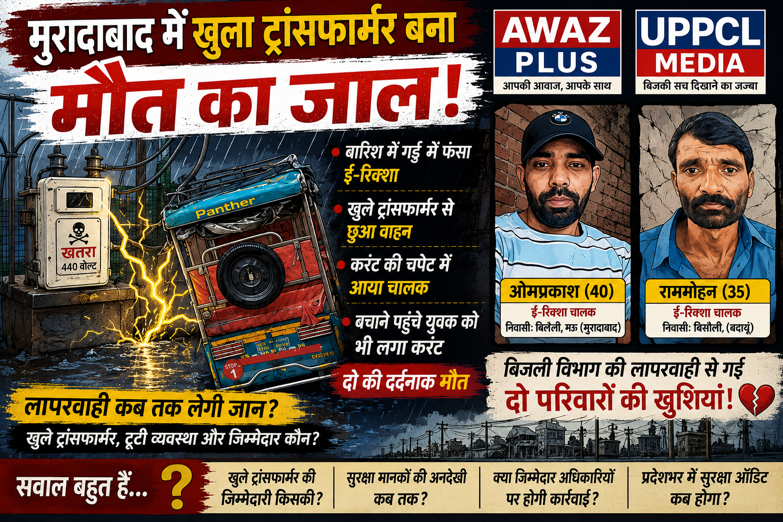 मुरादाबाद में खुले ट्रांसफार्मर ने ली दो जिंदगियां! ई-रिक्शा ट्रांसफार्मर से छूते ही चालक की मौत, बचाने दौड़े युवक ने भी गंवाई जान